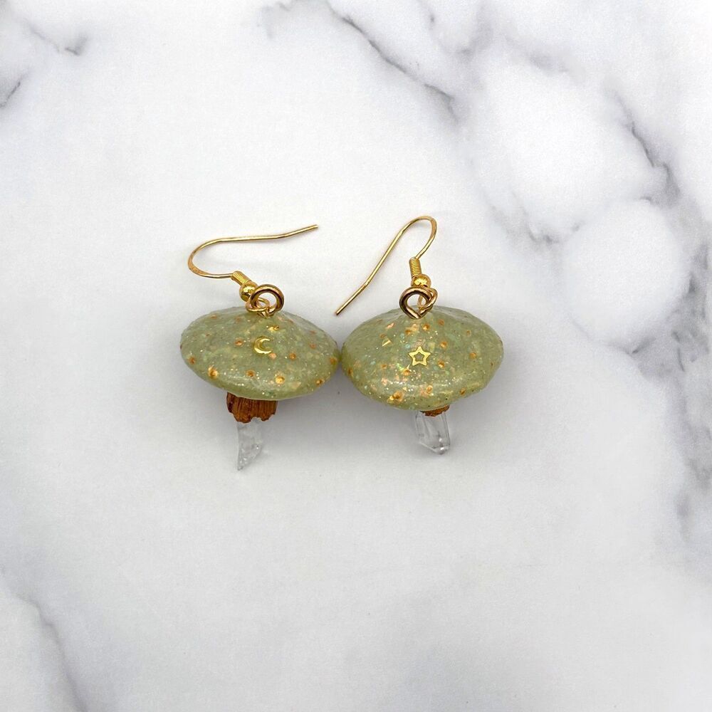 Green Mushroom Quartz Crystal Earrings | Polymer Clay Dangle with Moon and Star - Picture 5 of 10